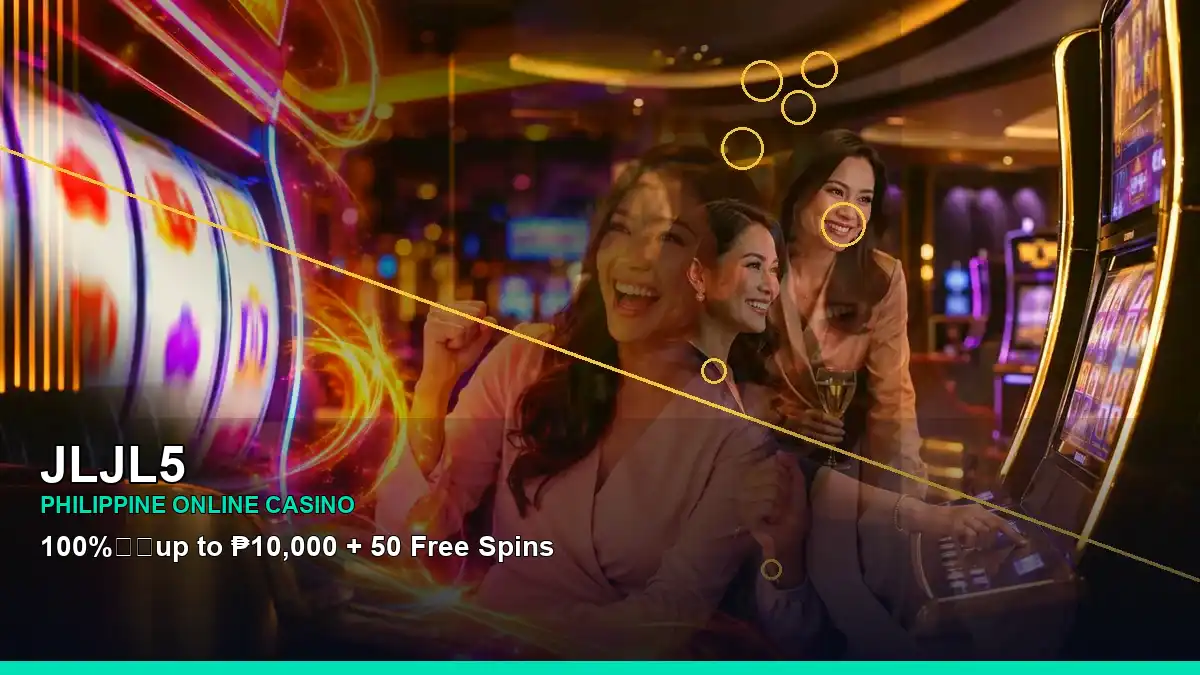JLJL5 coins casino cashback rewards featuring an adult Filipina casino host with a panoramic reel composition