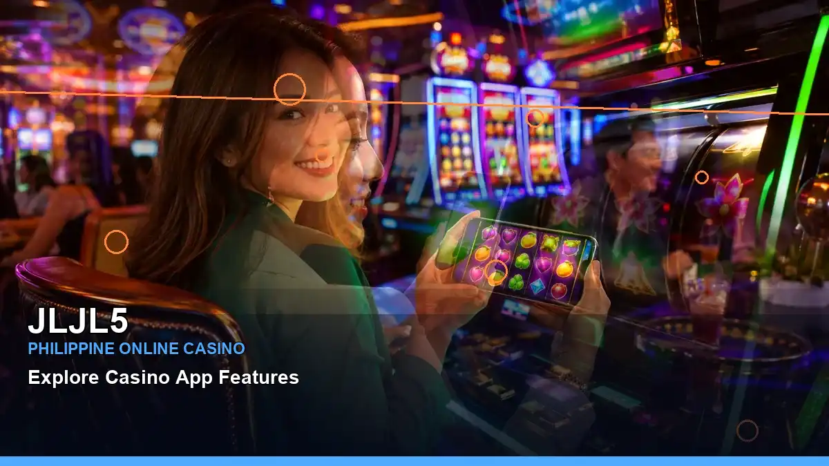 JLJL5 casino cashback rewards featuring an adult Filipina casino host with a layered collage composition — view 2